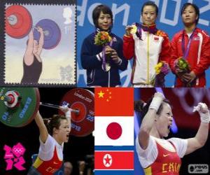 yapboz Halter Bayanlar 48 kg podyum, Wang Mingjuan (Çin), Hiromi Miyake (Japonya) ve Ryang Chun-Hwa (Kuzey Kore) - Londra 2012-
